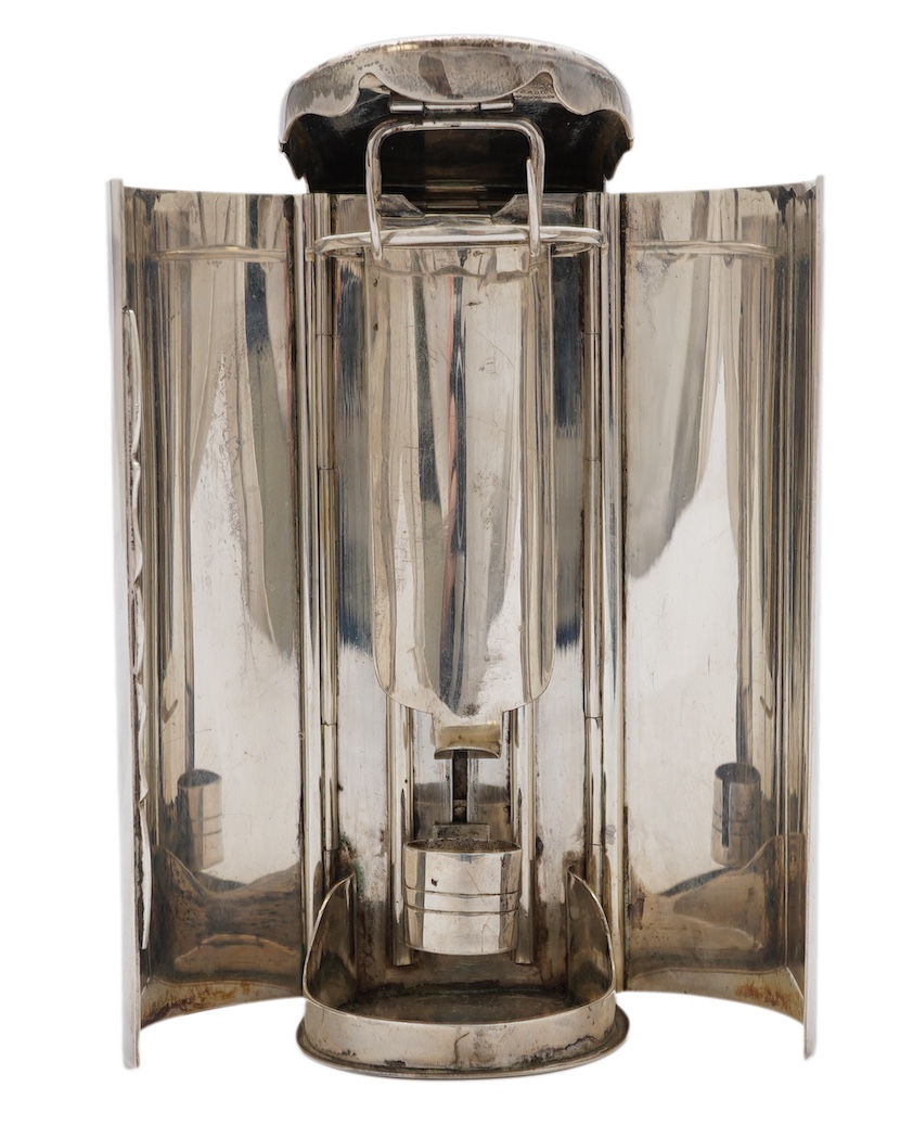 A Victorian silver travelling coach lamp by Thomas Johnson I, in original fitted leather case, retailed by Leuchers, 38 Piccadilly, London